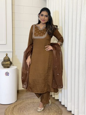 NEW ARRIVAL VICHITRA SILK EMBROIDERY WORK TOP BOTTOM WITH DUPATTA CHIKU