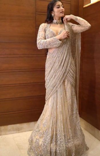 RICH LOOK BUTTERFLY NET SEQUENCE EMBROIDERY WORK LEHENGA SAREE WITH STITCHED BLOUSE  OFF WHITE