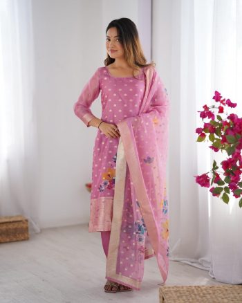 RICH LOOK CHANDERI SILK JACQUARD WORK WITH DIGITAL PRINTED TOP BOTTOM DUPATTA BABY PINK