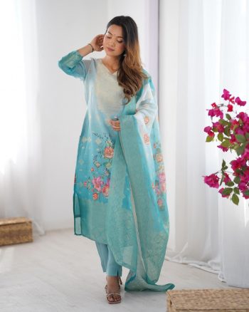 RICH LOOK CHANDERI SILK JACQUARD WORK WITH DIGITAL PRINTED TOP BOTTOM DUPATTA SKY