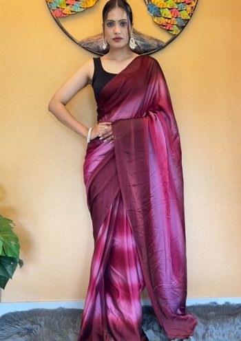 RICH LOOK CHINON THREE TONE SHADE DIGITAL PRINTED READY TO WEAR SAREE WITH UNSTITCHED BLOUSE WINE