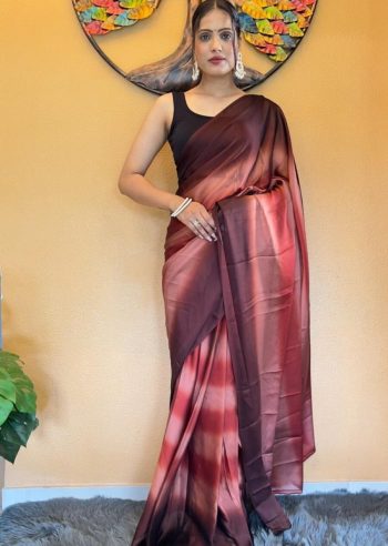 RICH LOOK CHINON THREE TONE SHADE DIGITAL PRINTED READY TO WEAR SAREE WITH UNSTITCHED BLOUSE BROWN