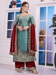 RICH LOOK FENDI SILK EMBROIDERY AND SEQUENCE WORK WITH RIVET MOTI WORK  TOP PALAZZO WITH DUPATTA SKY