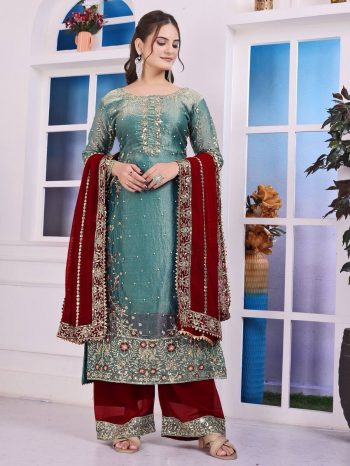 RICH LOOK FENDI SILK EMBROIDERY AND SEQUENCE WORK WITH RIVET MOTI WORK  TOP PALAZZO WITH DUPATTA SKY