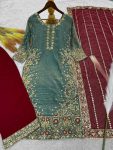RICH LOOK FENDI SILK EMBROIDERY AND SEQUENCE WORK WITH RIVET MOTI WORK TOP PALAZZO WITH DUPATTA FESTIVE WEAR WHOLESALE PRICE ETHNIC GARMENT(30)