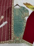 RICH LOOK FENDI SILK EMBROIDERY AND SEQUENCE WORK WITH RIVET MOTI WORK TOP PALAZZO WITH DUPATTA FESTIVE WEAR WHOLESALE PRICE ETHNIC GARMENT(30)