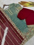RICH LOOK FENDI SILK EMBROIDERY AND SEQUENCE WORK WITH RIVET MOTI WORK TOP PALAZZO WITH DUPATTA FESTIVE WEAR WHOLESALE PRICE ETHNIC GARMENT(30)