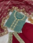 RICH LOOK FENDI SILK EMBROIDERY AND SEQUENCE WORK WITH RIVET MOTI WORK TOP PALAZZO WITH DUPATTA FESTIVE WEAR WHOLESALE PRICE ETHNIC GARMENT(30)