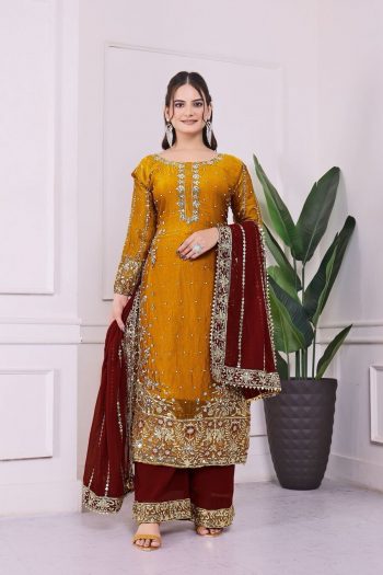 RICH LOOK FENDI SILK EMBROIDERY AND SEQUENCE WORK WITH RIVET MOTI WORK  TOP PALAZZO WITH DUPATTA YELLOW