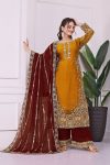 RICH LOOK FENDI SILK EMBROIDERY AND SEQUENCE WORK WITH RIVET MOTI WORK TOP PALAZZO WITH DUPATTA FESTIVE WEAR WHOLESALE PRICE ETHNIC GARMENT(45)