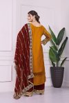 RICH LOOK FENDI SILK EMBROIDERY AND SEQUENCE WORK WITH RIVET MOTI WORK TOP PALAZZO WITH DUPATTA FESTIVE WEAR WHOLESALE PRICE ETHNIC GARMENT(45)