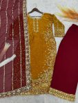 RICH LOOK FENDI SILK EMBROIDERY AND SEQUENCE WORK WITH RIVET MOTI WORK TOP PALAZZO WITH DUPATTA FESTIVE WEAR WHOLESALE PRICE ETHNIC GARMENT(45)