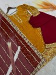 RICH LOOK FENDI SILK EMBROIDERY AND SEQUENCE WORK WITH RIVET MOTI WORK TOP PALAZZO WITH DUPATTA FESTIVE WEAR WHOLESALE PRICE ETHNIC GARMENT(45)