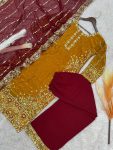 RICH LOOK FENDI SILK EMBROIDERY AND SEQUENCE WORK WITH RIVET MOTI WORK TOP PALAZZO WITH DUPATTA FESTIVE WEAR WHOLESALE PRICE ETHNIC GARMENT(45)
