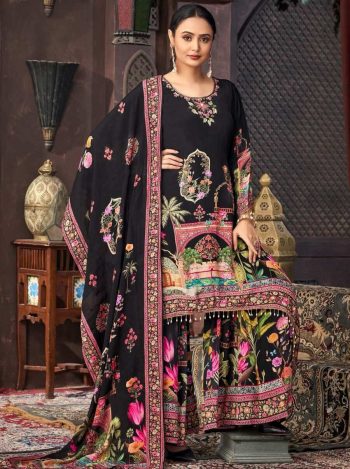 RICH LOOK GEORGETTE DIGITAL PRINT WITH REAL MIRROR & FANCY LACE WORK TOP PALAZZO WITH DUPATTA  BLACK