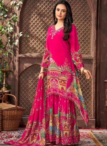 RICH LOOK GEORGETTE DIGITAL PRINT WITH REAL MIRROR & FANCY LACE WORK TOP PALAZZO WITH DUPATTA RANI
