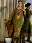 RICH LOOK GEORGETTE DIGITAL PRINT WITH REAL MIRROR HAND WORK AND HANGINGS LACE BORDER TOP BOTTOM WITH DUPATTA GREEN