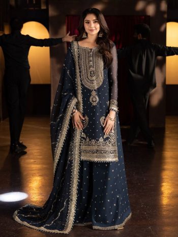 RICH LOOK GEORGETTE EMBROIDERY SEQUENCE WORK TOP PALAZZO WITH DUPATTA  NAVY BLUE