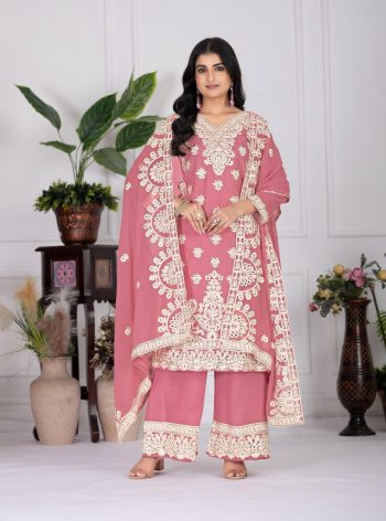 RICH LOOK GEORGETTE EMBROIDERY SEQUENCE WORK WITH REAL MIRROR HAND WORK TOP PALAZZO WITH DUPATTA BABY PINK
