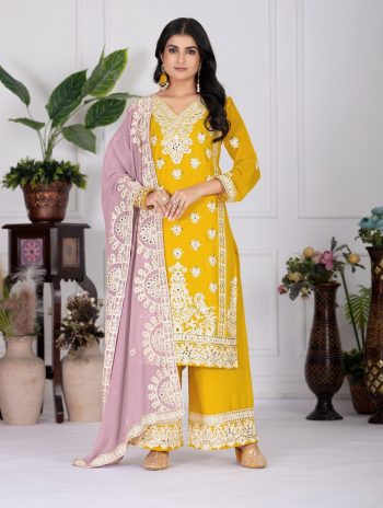 RICH LOOK GEORGETTE EMBROIDERY SEQUENCE WORK WITH REAL MIRROR HAND WORK TOP PALAZZO WITH DUPATTA YELLOW