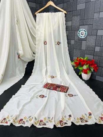 RICH LOOK GEORGETTE HAND AND PATCH WORK BUTTA WITH CONTRAST  PALLU SAREE WITH UNSTITCHED BLOUSE CREAM CREAM