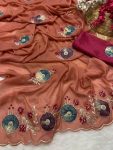 RICH LOOK GEORGETTE HAND WORK PEACH BUTTA AND JAIPURI GOTTPATI WORK SAREE WITH UNSTITCHED BLOUSE PARTY WEAR WHOLESALE PRICE ETHNIC GARMENT (7)