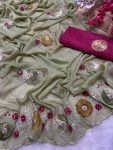 RICH LOOK GEORGETTE HAND WORK PEACH BUTTA AND JAIPURI GOTTPATI WORK SAREE WITH UNSTITCHED BLOUSE PARTY WEAR WHOLESALE PRICE ETHNIC GARMENT (6)
