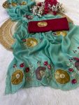 RICH LOOK GEORGETTE HAND WORK PEACH BUTTA AND JAIPURI GOTTPATI WORK SAREE WITH UNSTITCHED BLOUSE RAMA
