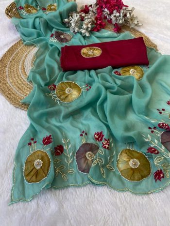 RICH LOOK GEORGETTE HAND WORK PEACH BUTTA AND JAIPURI GOTTPATI WORK SAREE WITH UNSTITCHED BLOUSE RAMA