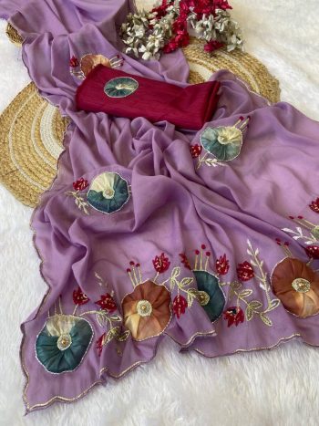 RICH LOOK GEORGETTE HAND WORK PEACH BUTTA AND JAIPURI GOTTPATI WORK SAREE WITH UNSTITCHED BLOUSE LAVENDER
