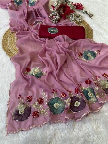 RICH LOOK GEORGETTE HAND WORK PEACH BUTTA AND JAIPURI GOTTPATI WORK SAREE WITH UNSTITCHED BLOUSE PINK