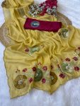 RICH LOOK GEORGETTE HAND WORK PEACH BUTTA AND JAIPURI GOTTPATI WORK SAREE WITH UNSTITCHED BLOUSE YELLOW