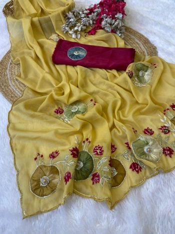 RICH LOOK GEORGETTE HAND WORK PEACH BUTTA AND JAIPURI GOTTPATI WORK SAREE WITH UNSTITCHED BLOUSE YELLOW