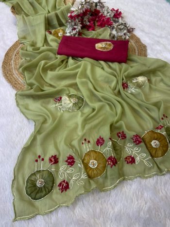 RICH LOOK GEORGETTE HAND WORK PEACH BUTTA AND JAIPURI GOTTPATI WORK SAREE WITH UNSTITCHED BLOUSE PISTA