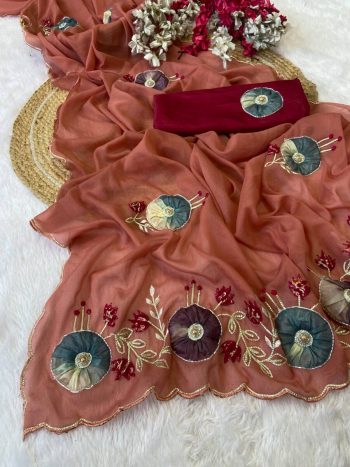 RICH LOOK GEORGETTE HAND WORK PEACH BUTTA AND JAIPURI GOTTPATI WORK SAREE WITH UNSTITCHED BLOUSE CHIKU