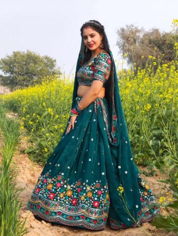 RICH LOOK GEORGETTE THREAD WITH SEQUENCE WORK LEHENGA CHOLI WITH DUPATTA GREEN