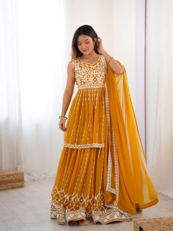 RICH LOOK GEORGETTE THREAD WITH SEQUENCE WORK TOP LEHENGA WITH DUPATTA YELLOW