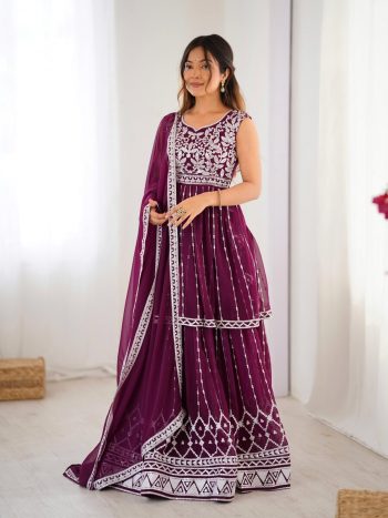 RICH LOOK GEORGETTE THREAD WITH SEQUENCE WORK TOP LEHENGA WITH DUPATTA PURPLE