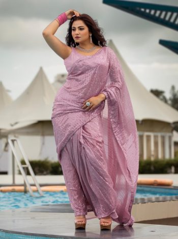 RICH LOOK GEORGETTE WITH SEQUENCE WORK SAREE WITH UNSTITCHED BLOUSE BABY PINK