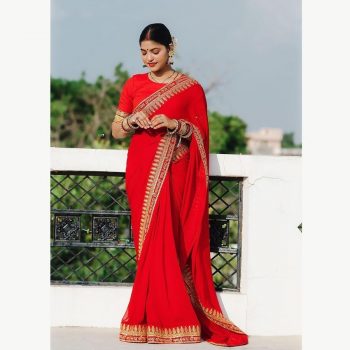 RICH LOOK GEORGETTE  EMBROIDERY WORK SAREE WITH UNSTITCHED BLOUSE RED