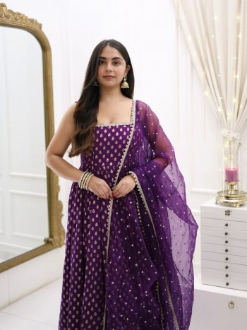 RICH LOOK JACQUARD SILK WEAVING WITH LACE BORDER WORK GOWN BOTTOM WITH DUPATTA  PURPLE