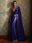 RICH LOOK JAPAN SATIN REAL MIRROR AND EMBROIDERY BORDER WORK SAREE WITH UNSTITCHED BLOUSE  NAVY BLUE