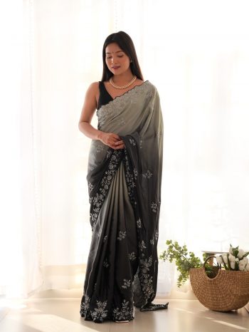 RICH LOOK JAPAN SATIN SEQUENCE AND MULTI THREAD WITH ZARI DORI WORK SAREE WITH UNSTITCHED BLOUSE BLACK
