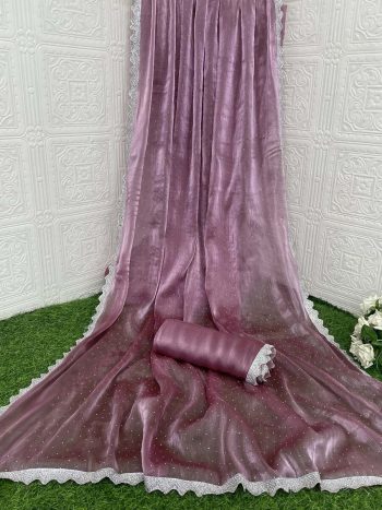 RICH LOOK JIMMY CHOO READY MADE LACE WITH HOT FIX IN BORDER CUT WORK  SAREE WITH UN STITCHED BLOUSE LAVENDER