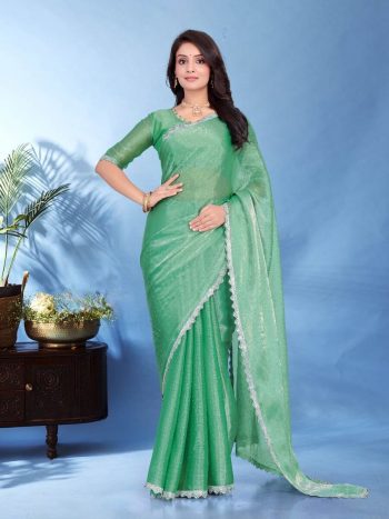 RICH LOOK JIMMY CHOO READY MADE LACE WITH HOT FIX IN BORDER CUT WORK  SAREE WITH UN STITCHED BLOUSE GREEN