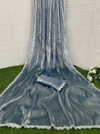 RICH LOOK JIMMY CHOO READY MADE LACE WITH HOT FIX IN BORDER CUT WORK  SAREE WITH UN STITCHED BLOUSE SEA BLUE