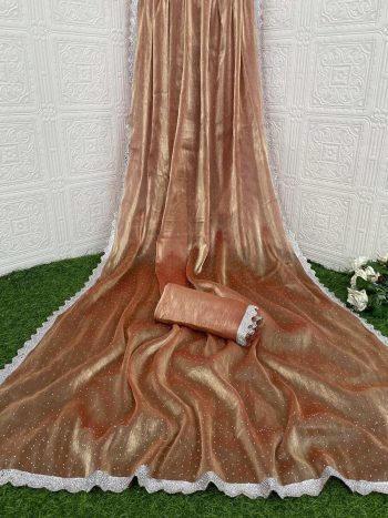 RICH LOOK JIMMY CHOO READY MADE LACE WITH HOT FIX IN BORDER CUT WORK  SAREE WITH UN STITCHED BLOUSE CHIKU