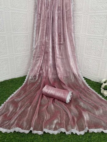RICH LOOK JIMMY CHOO READY MADE LACE WITH HOT FIX IN BORDER CUT WORK  SAREE WITH UN STITCHED BLOUSE PINK