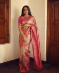 RICH LOOK LICHI SILK JACQUARD WORK SAREE WITH UNTITCHED BLOUSE PINK