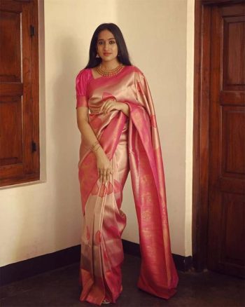 RICH LOOK LICHI SILK JACQUARD WORK SAREE WITH UNTITCHED BLOUSE PINK